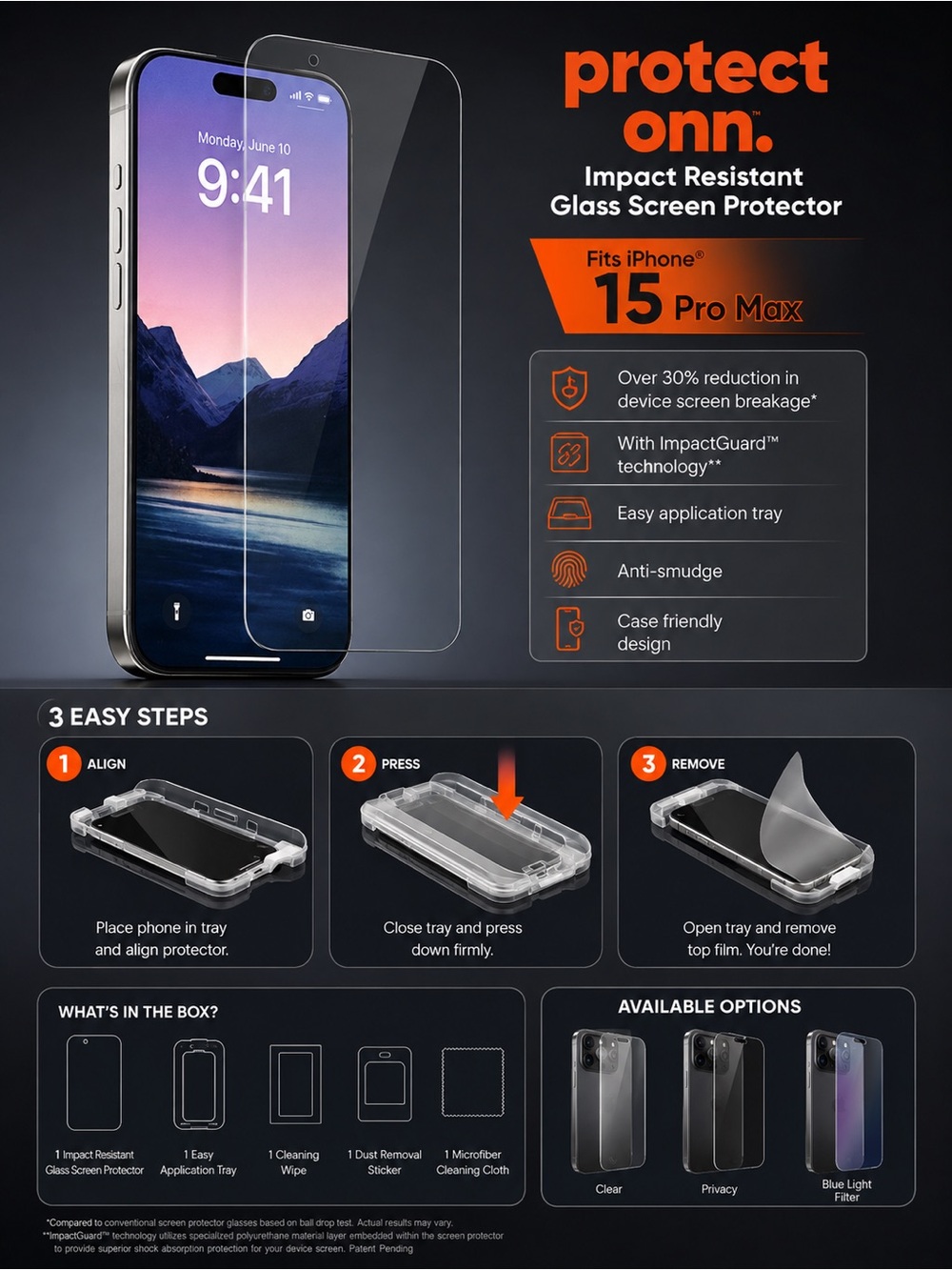 Onn. Impact Resistant Glass Screen Protector - Clear